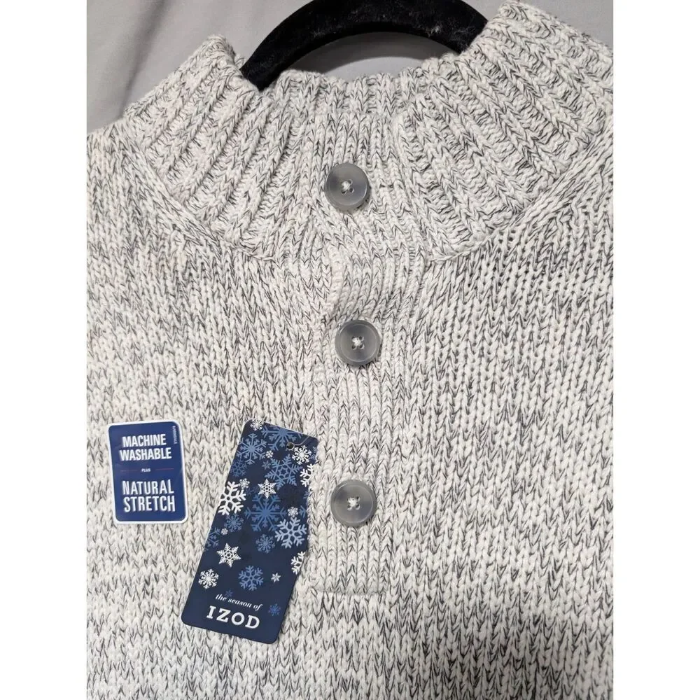 Izod Whisper White Marled Knit Mock Neck Cotton Sweater Quarter Button New‎ XL